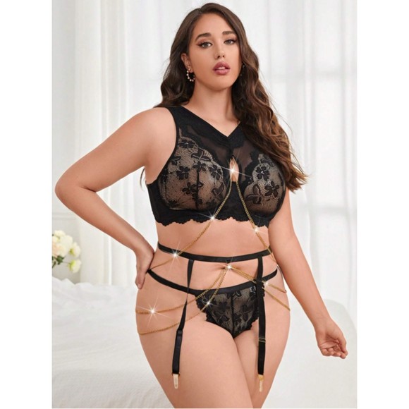 14 Plus (1X) Black Floral Lace Chain Linked Garter Lingerie Set - Picture 3 of 4